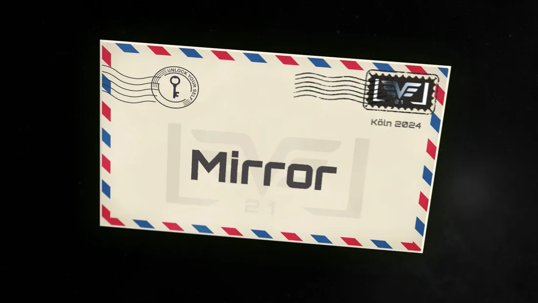 Physischer Show-Umschlag „Mirror“ auf schwarzem Grund